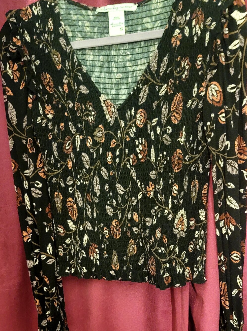 American Rag Black Floral V-Neck Long Sleeve Top with Floral Print